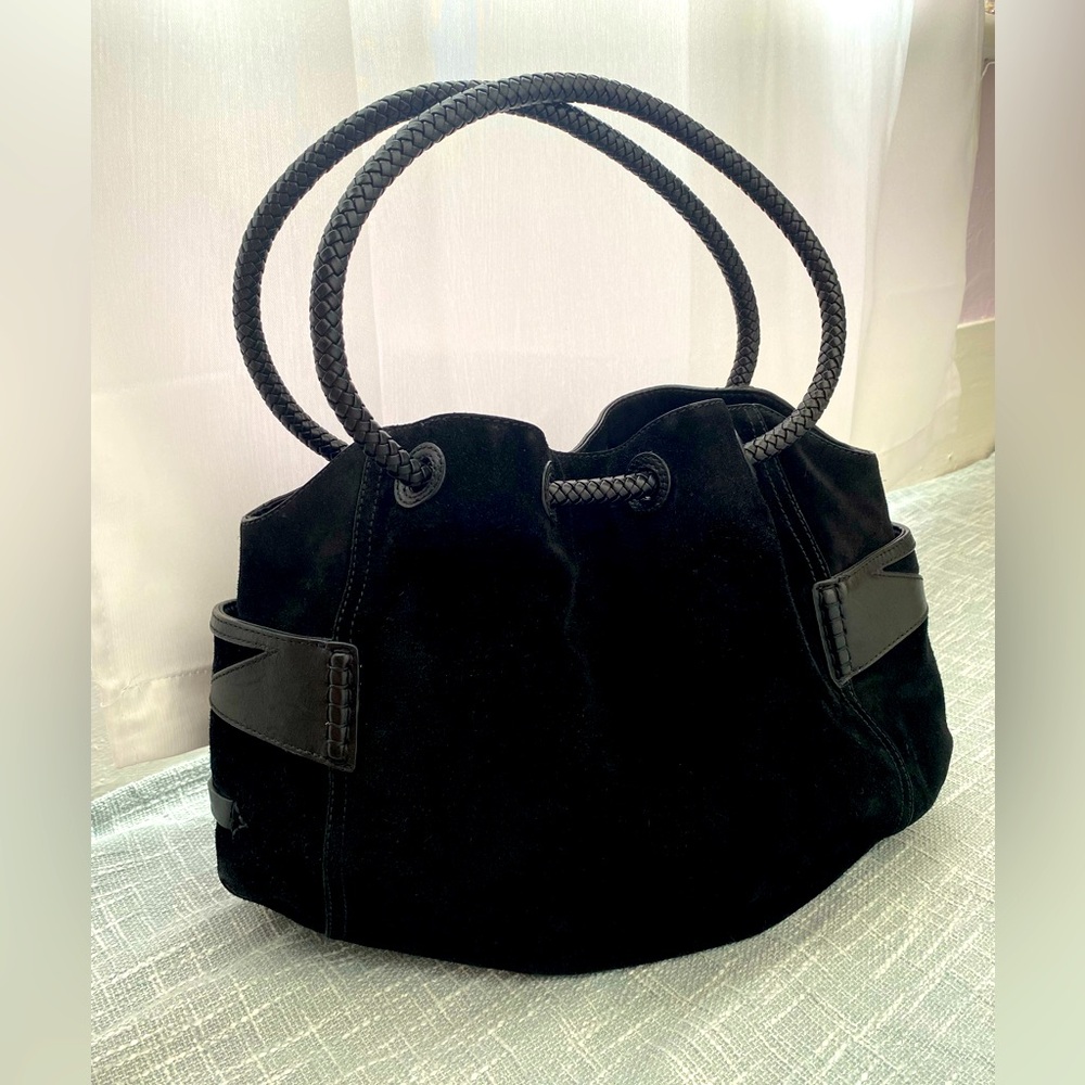 Cole Haan Suede Bucket Shoulder Bag w/ Braided Leather Handles – Black